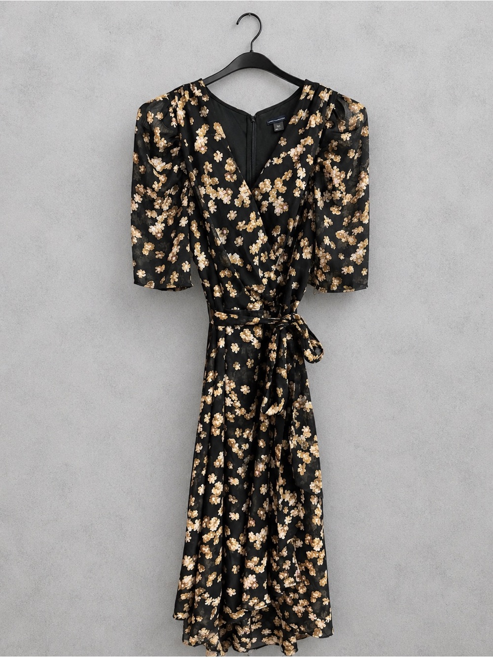 Tommy Hilfiger Black Midi Wrap Dress with Gold Floral Motif